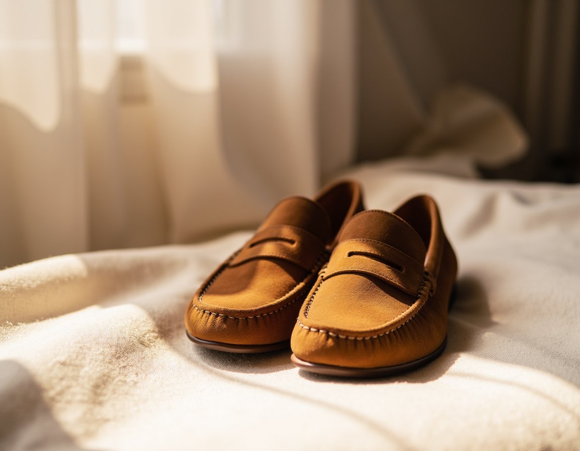 Wildlederschuh bei der Pflege mit Zubehör